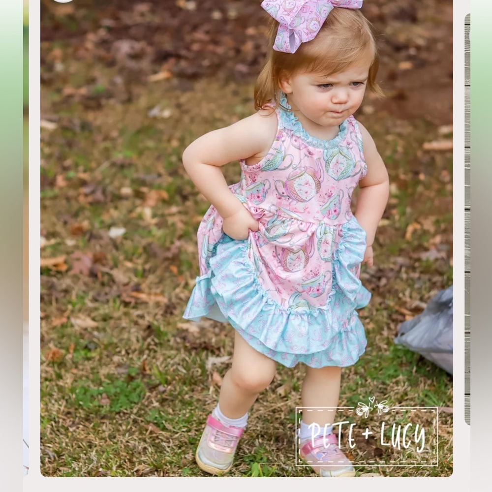 Pete + Lucy Cherry Blossom Tea Party Dress Pink & Blue Ruffle Dress, Size 6 - Picture 2 of 12